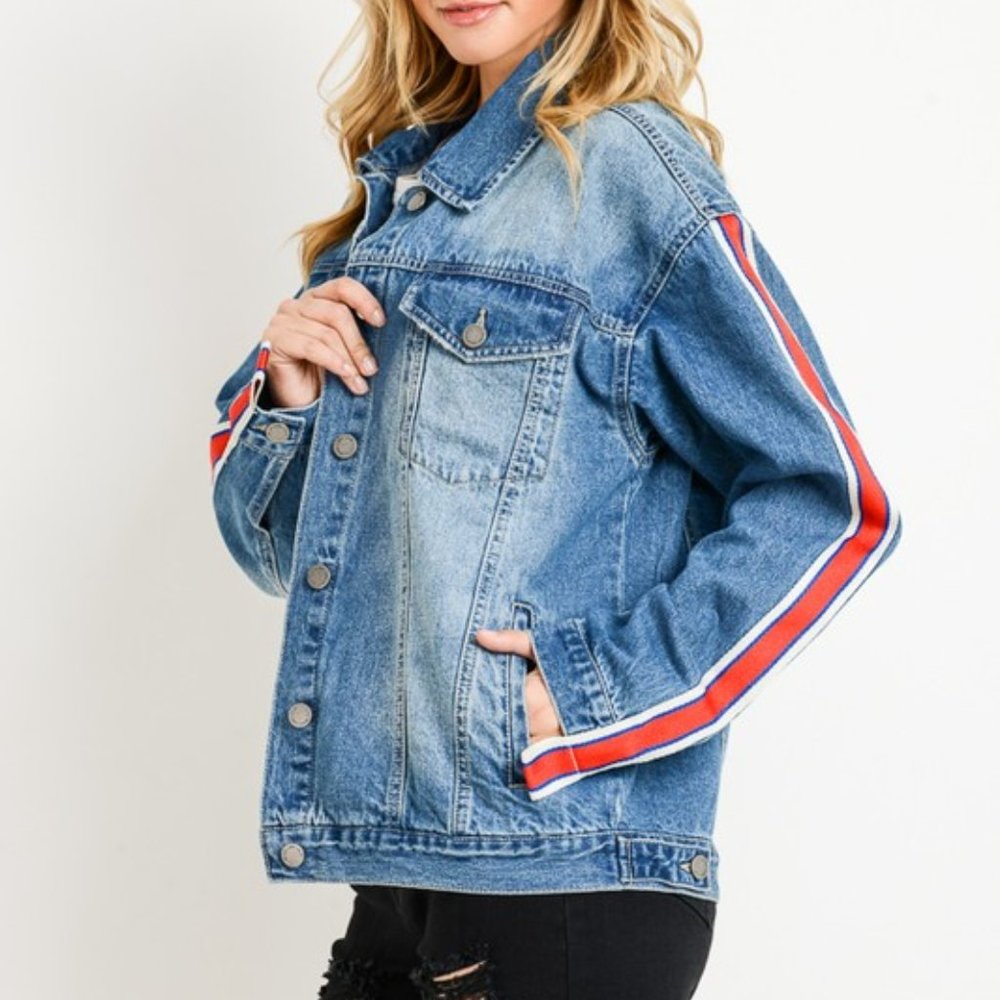 Stripe Sleeve Taped Detail Over-sized Jean Jacket - Picture 4 of 7